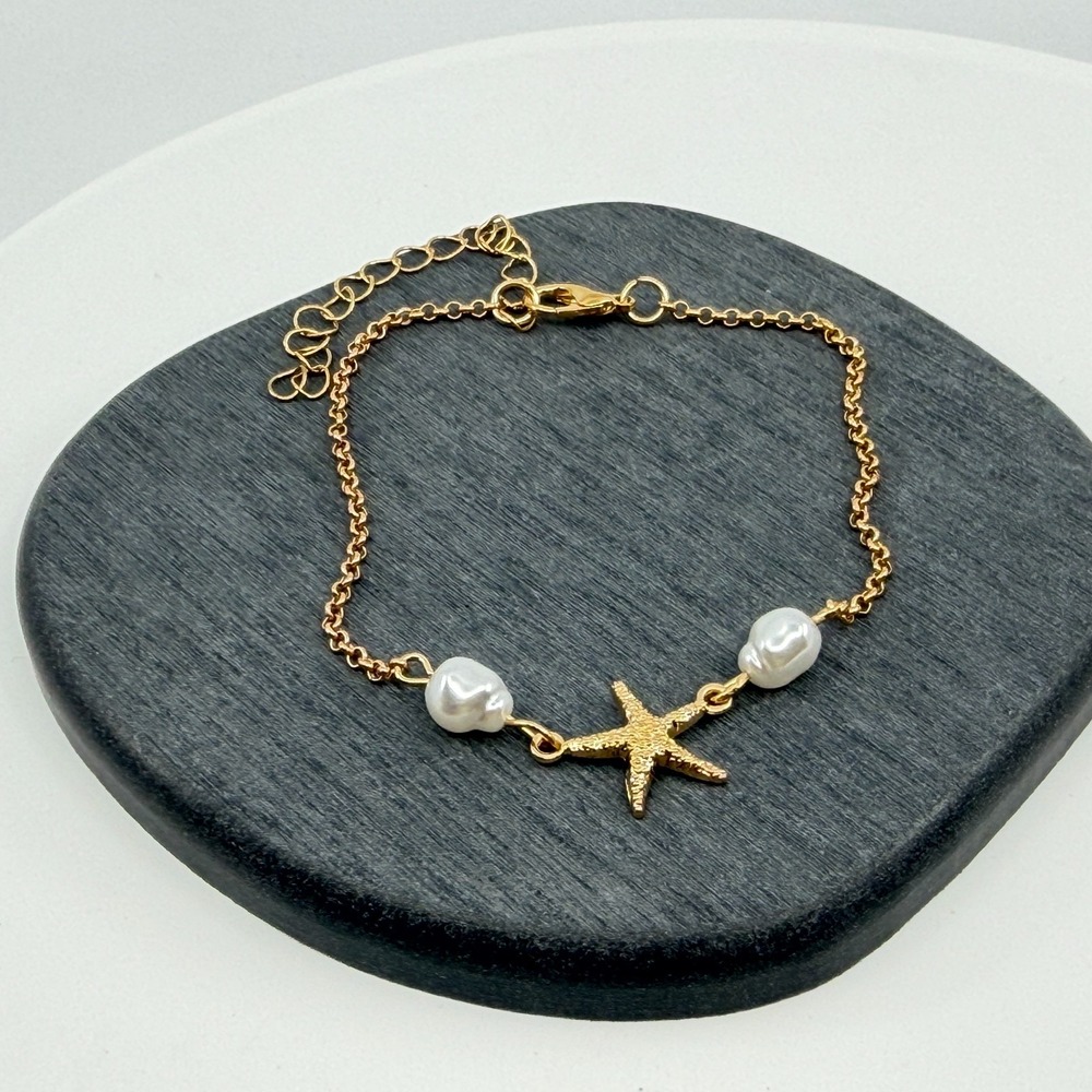 Gold Tone Starfish Bracelet Coastal Beach Jewelry White Pearl Accent Trendy Gift - Picture 11 of 14